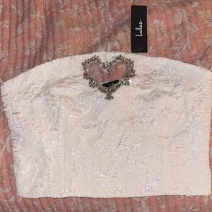 Lulu's White Strapless Lace Crop Top with jeweled heart